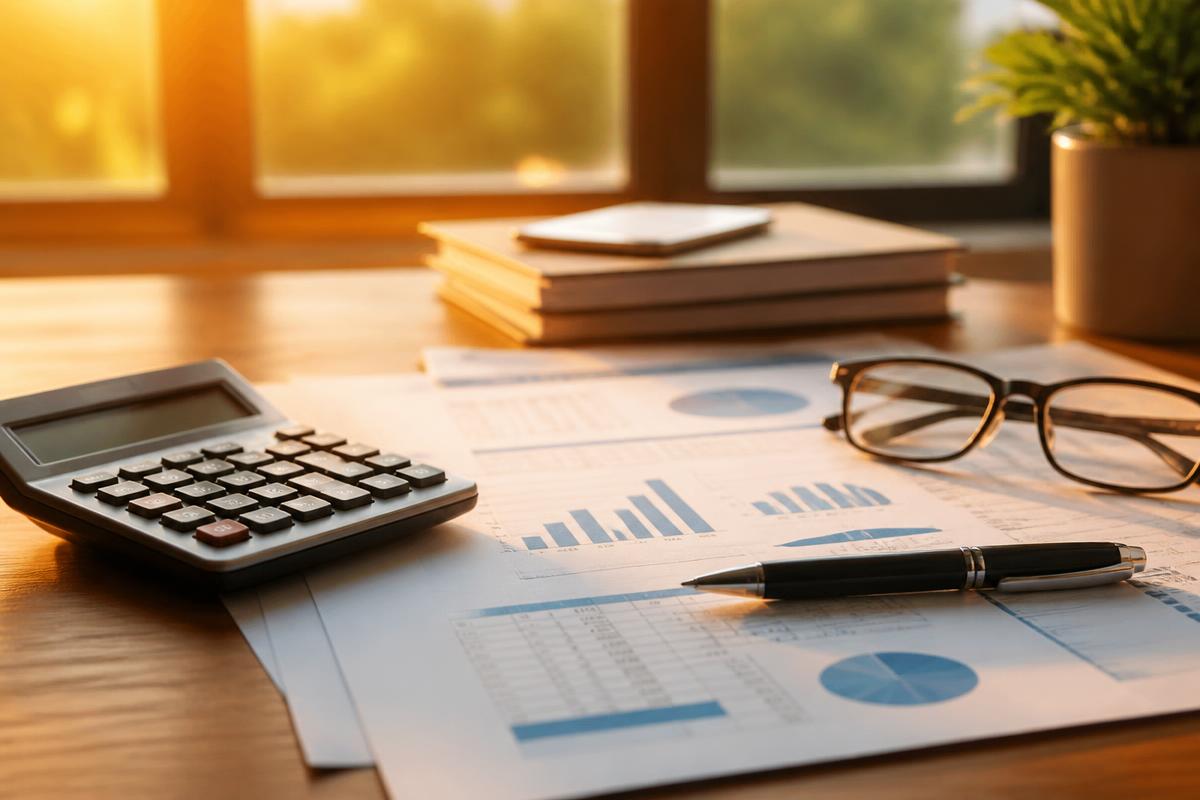 Financial statements with growth charts, calculator and glasses on an accountant's desk