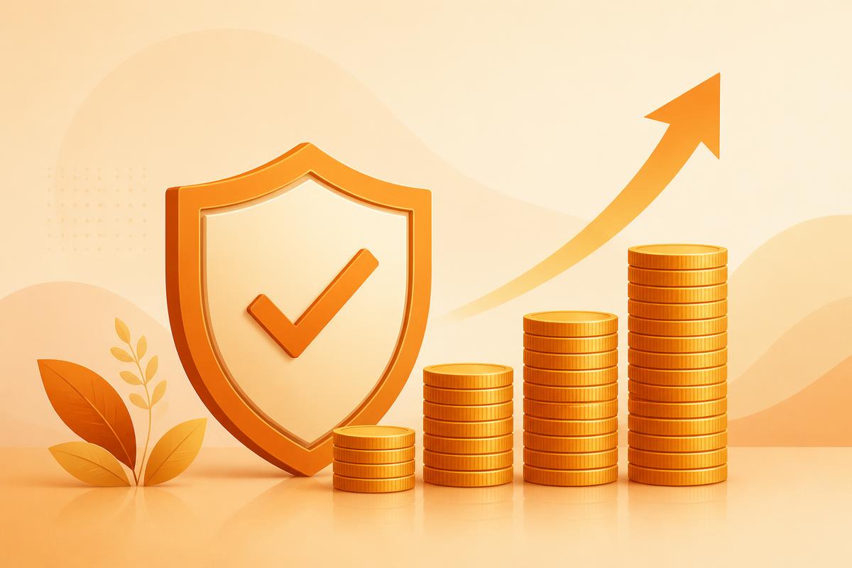 Shield with checkmark beside rising stacks of coins and an upward arrow, representing compliant growth